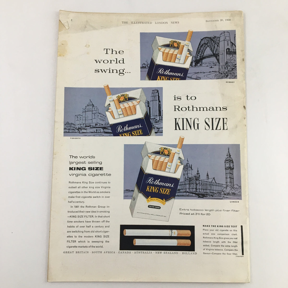 Back cover of The Illustrated London News, September 20, 1958, displaying an advertisement for Rothmans King Size cigarettes with iconic landmarks.