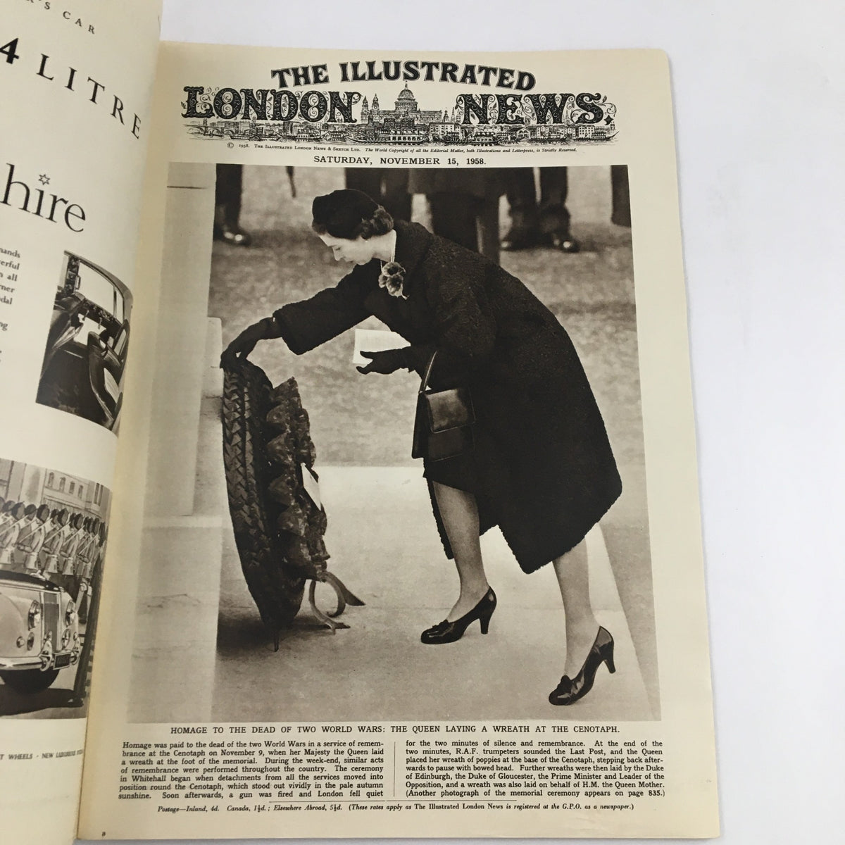 The Illustrated London News November 15 1958 featuring the Queen laying a wreath at The Cenotaph, commemorating the dead of two World Wars. The image captures a historic moment, showcasing the Queen's respect and participation in the national remembrance.