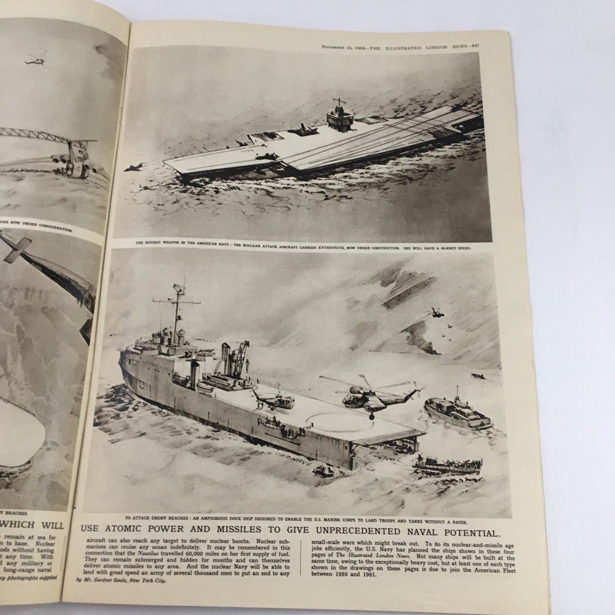 The Illustrated London News November 15 1958 interior pages displaying illustrations of naval advancements, providing insight into military technology of the time, alongside notable events including the Queen's wreath laying.