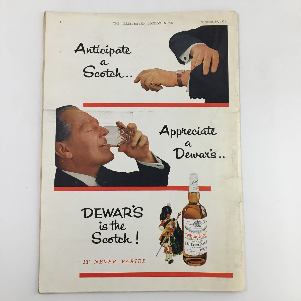 The Illustrated London News November 15, 1958 cover page advertising Dewar's Scotch, featuring a sophisticated man enjoying a drink, emphasizing the brand's timeless appeal.