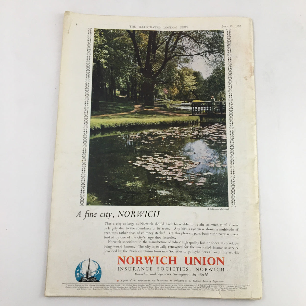 Promotional content for Norwich Union Insurance with a scenic photograph of a park in Norwich in The Illustrated London News, June 22, 1957.