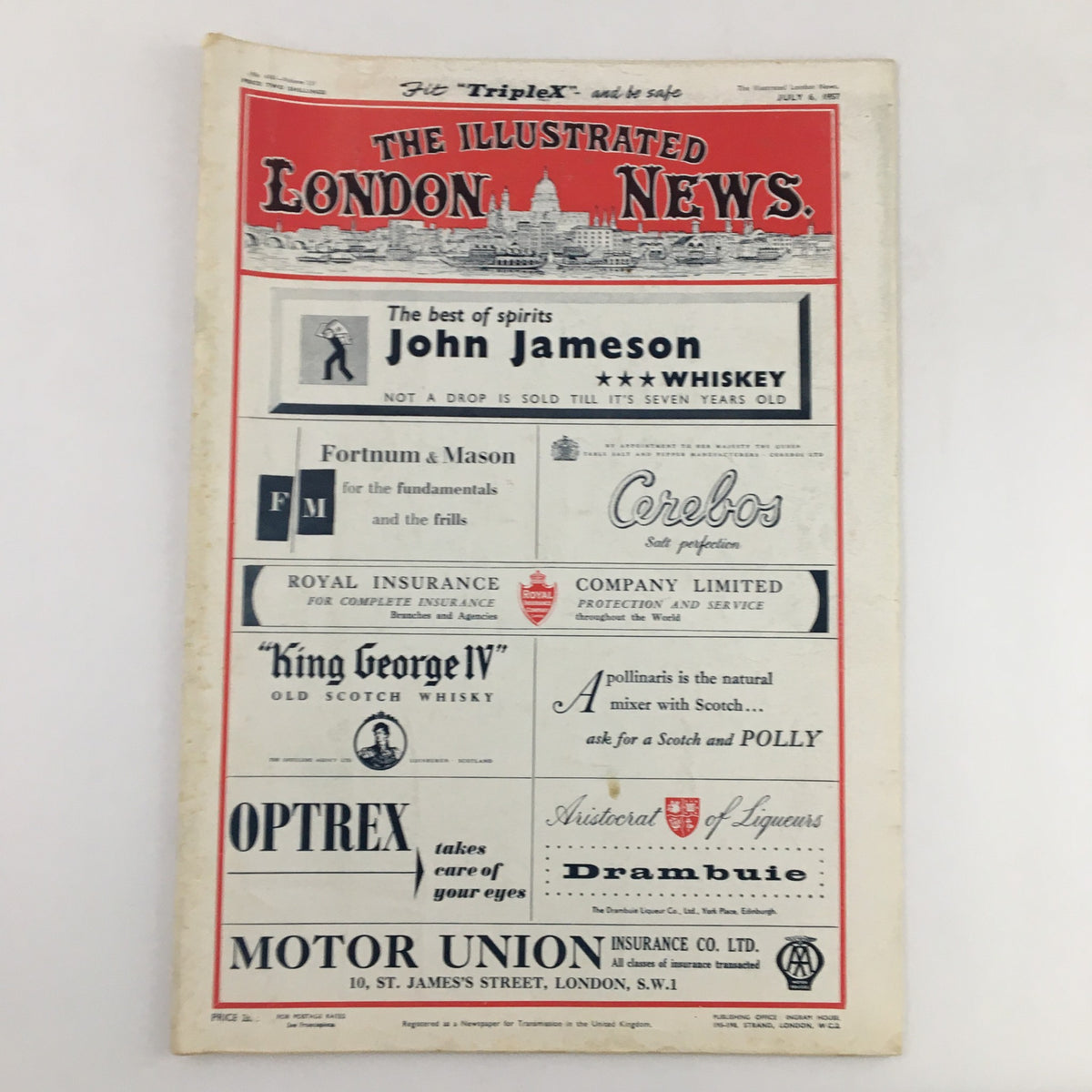 Back cover of The Illustrated London News, July 6, 1957, displaying various advertisements including John Jameson Whiskey and Royal Insurance Company, reflecting popular products of the era.