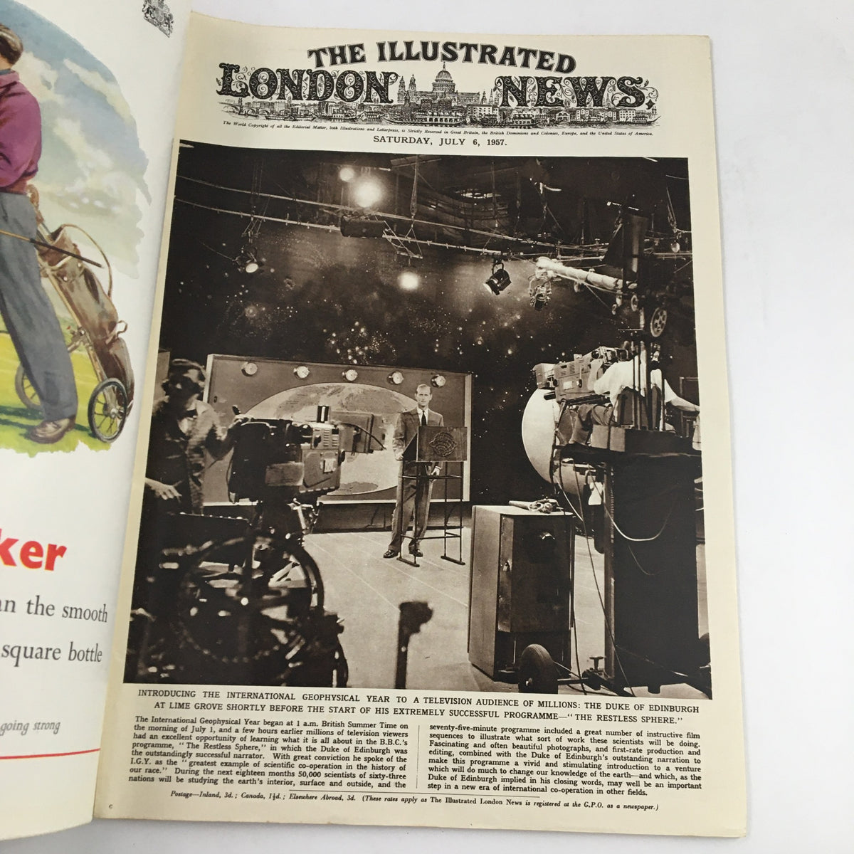 Cover of The Illustrated London News, July 6, 1957, featuring The Duke of Edinburgh at Lime Grove, showcasing a television studio setup with filming equipment.