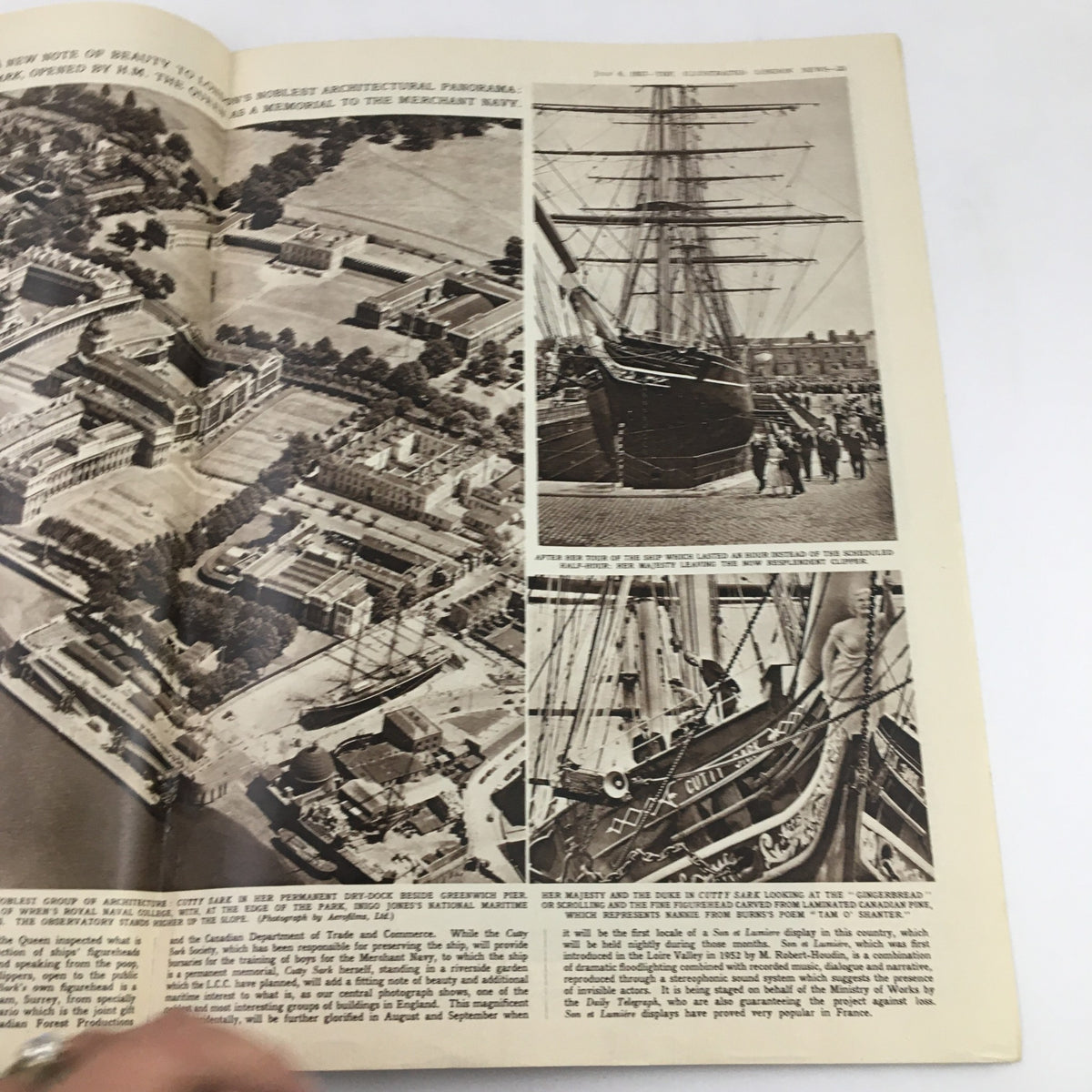 Inside pages of The Illustrated London News, July 6, 1957, illustrating architectural features and maritime scenes, highlighting significant locations and events of the time.