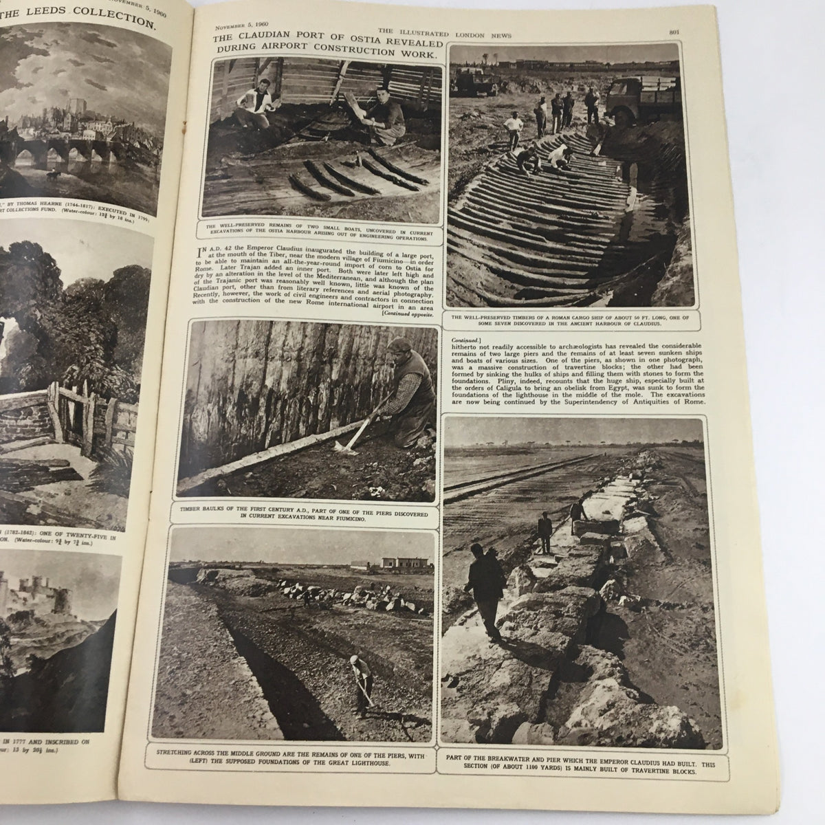 Interior page of The Illustrated London News, November 5, 1960, displaying the Claudian port of Ostia revealed during airport construction.