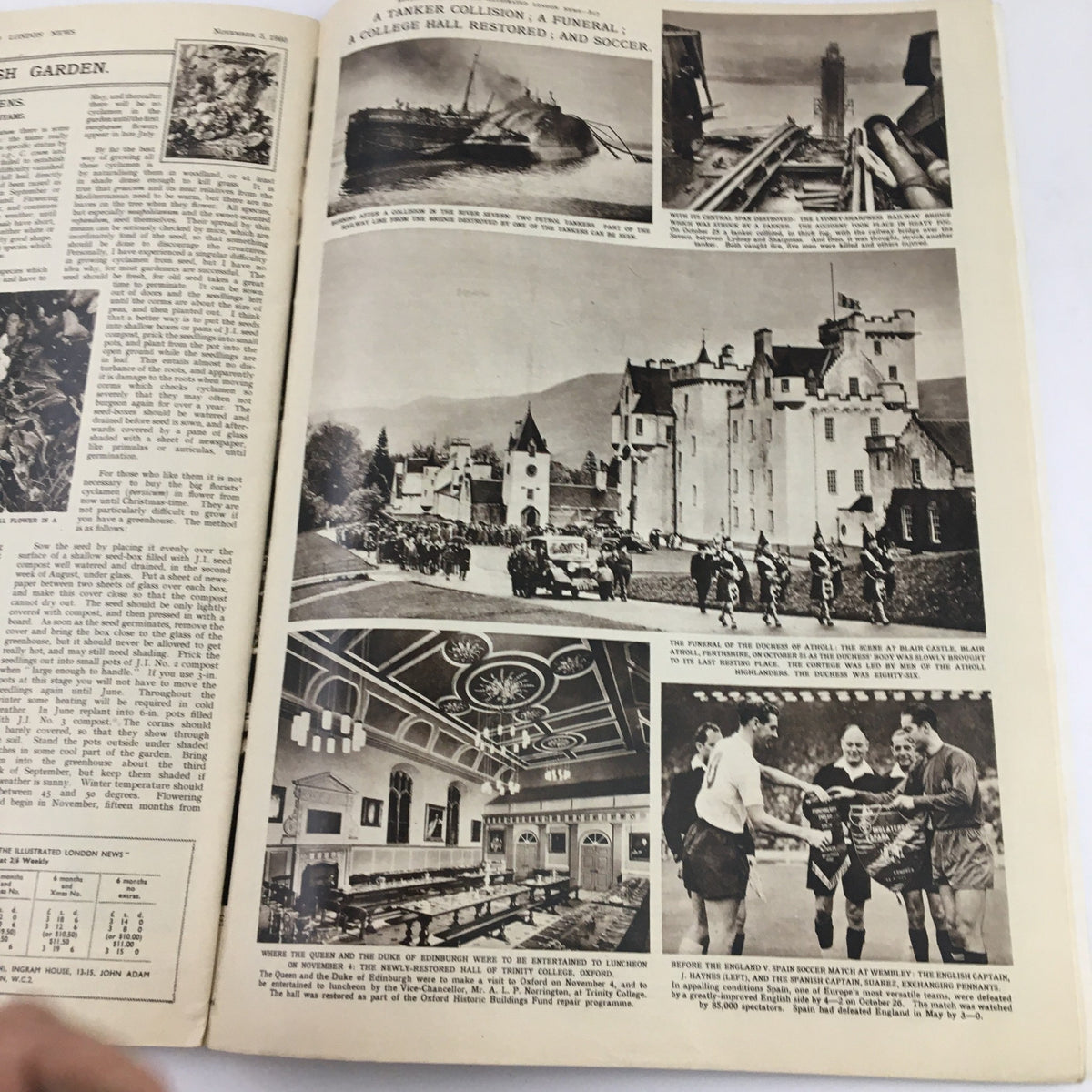 Interior page of The Illustrated London News, November 5, 1960, illustrating various events including a tanker collision, a funeral, and soccer highlights.
