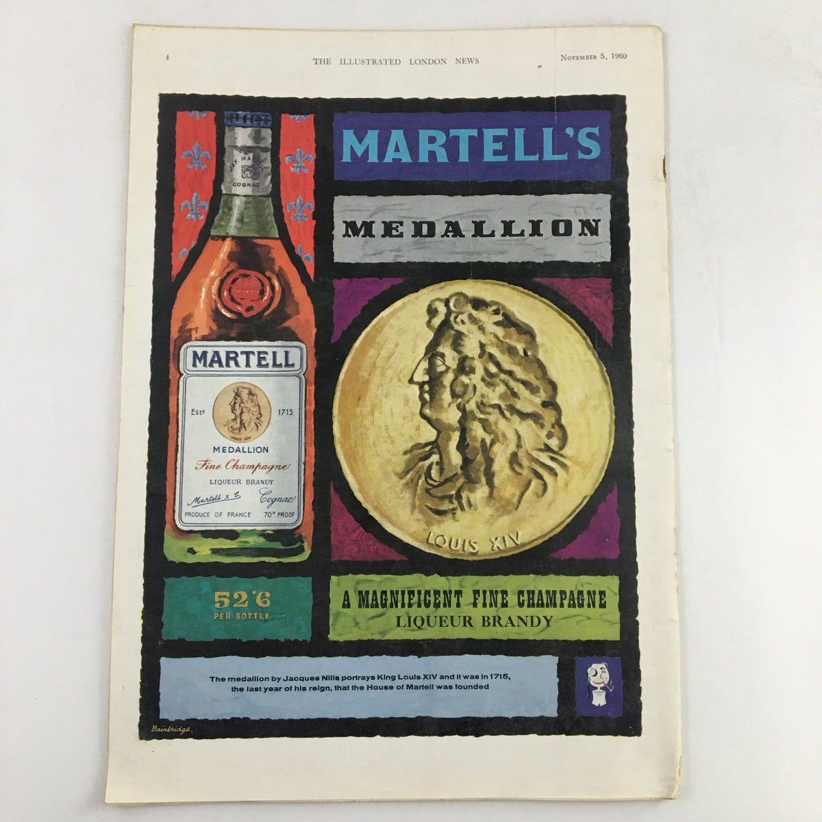 Advertisement from The Illustrated London News, November 5, 1960, promoting Martell's Medallion fine champagne liqueur brandy.