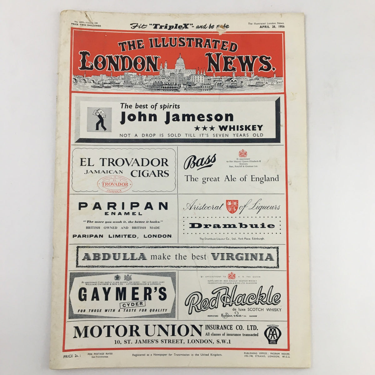 Illustrated London News April 28 1956 back cover featuring advertisements for various products including John Jameson whiskey and El Trovador cigars.