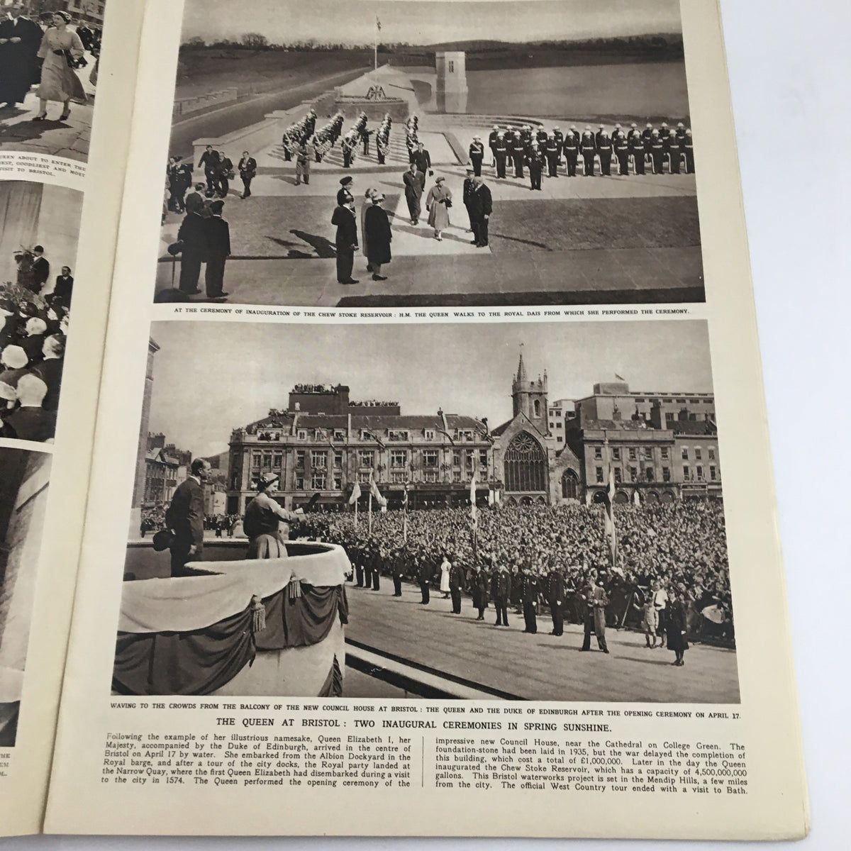 Illustrated London News April 28 1956 showcasing two inaugural ceremonies with Queen Elizabeth II and the Duke of Edinburgh in Bristol, highlighting significant historical moments.