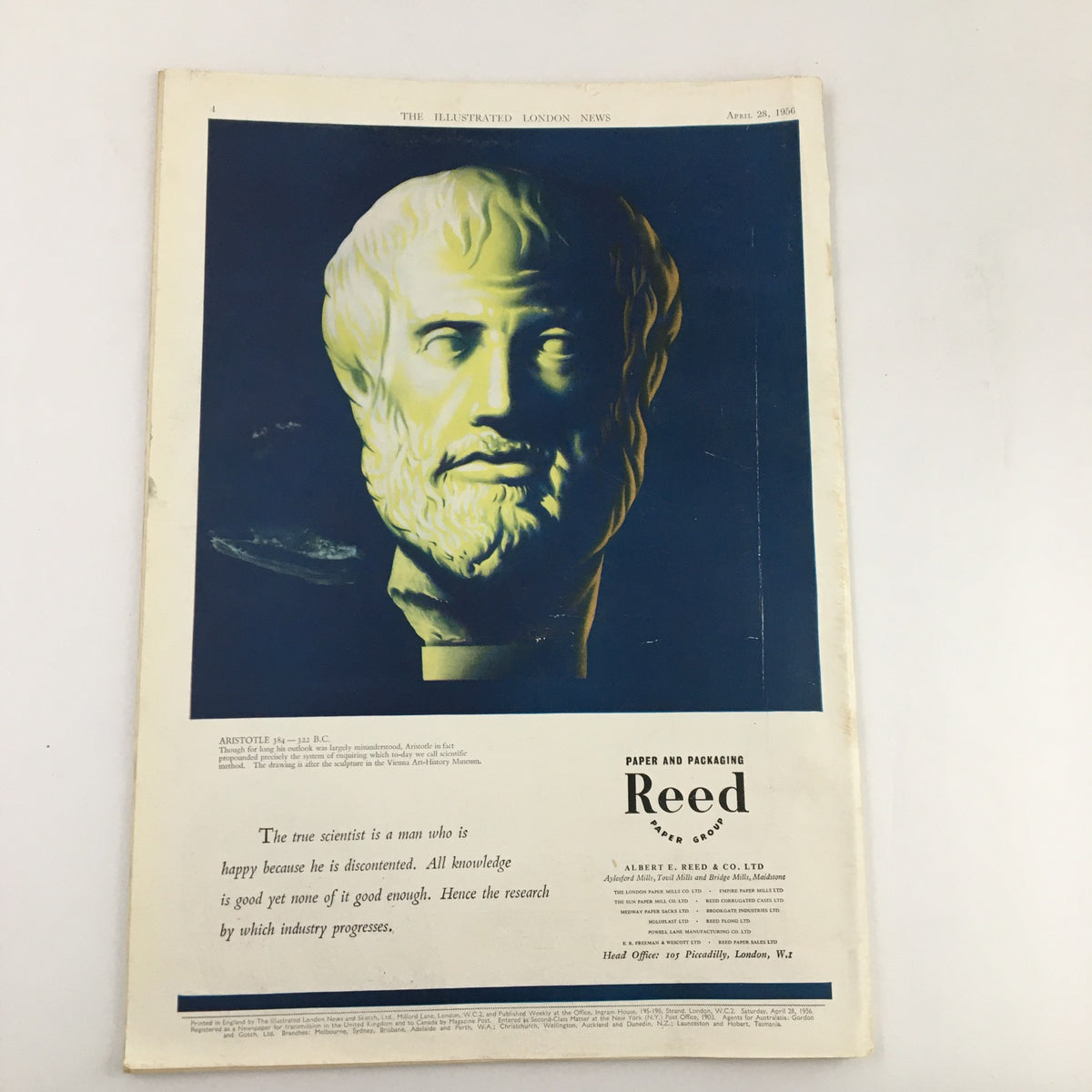 Illustrated London News April 28 1956 showcasing a colored advertisement page with a bust of Aristotle, highlighting the intersection of history and industry.