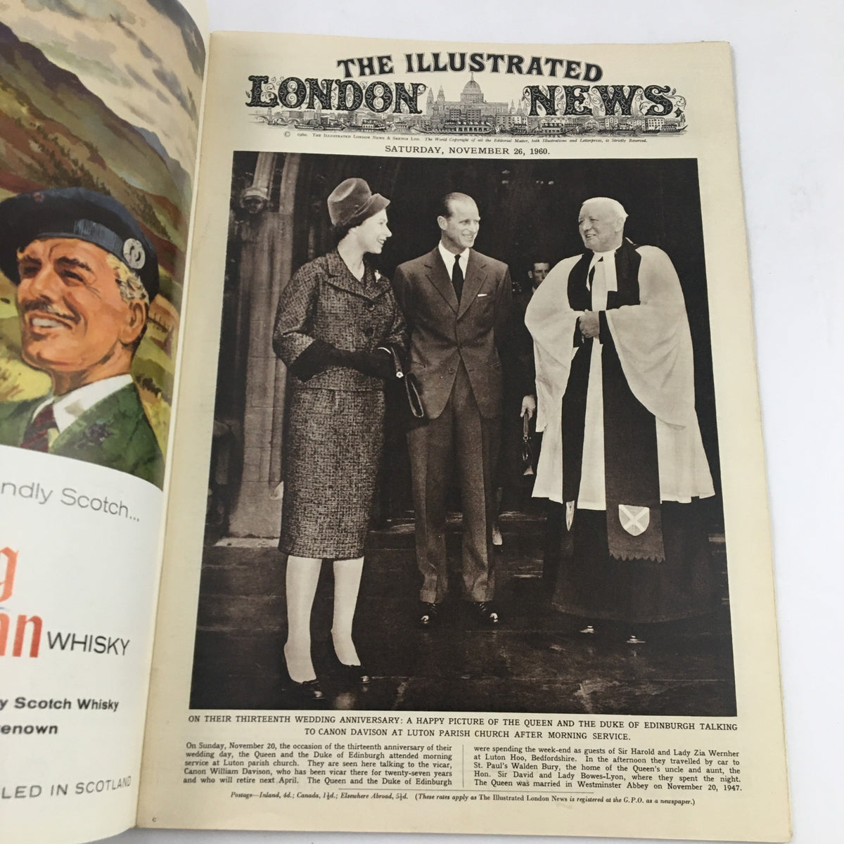 The Illustrated London News November 26, 1960 cover photo featuring Queen Elizabeth II and Prince Philip in a historical moment on their thirteenth wedding anniversary near Canon Davison.