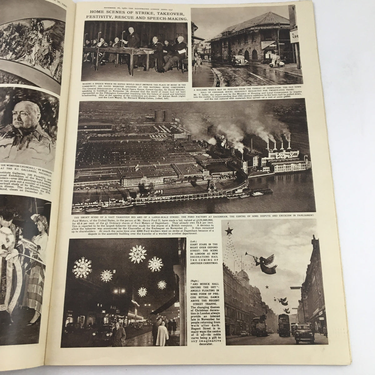 Page from The Illustrated London News November 26, 1960, with historical images depicting scenes of a strike and festive events, showcasing the cultural and social climate of the 1960s.