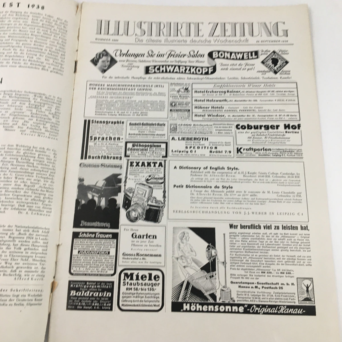 Interior advertisement page of the Illustrirte Zeitung Leipzig Magazine, September 22, 1938, featuring diverse ads reflective of the era.