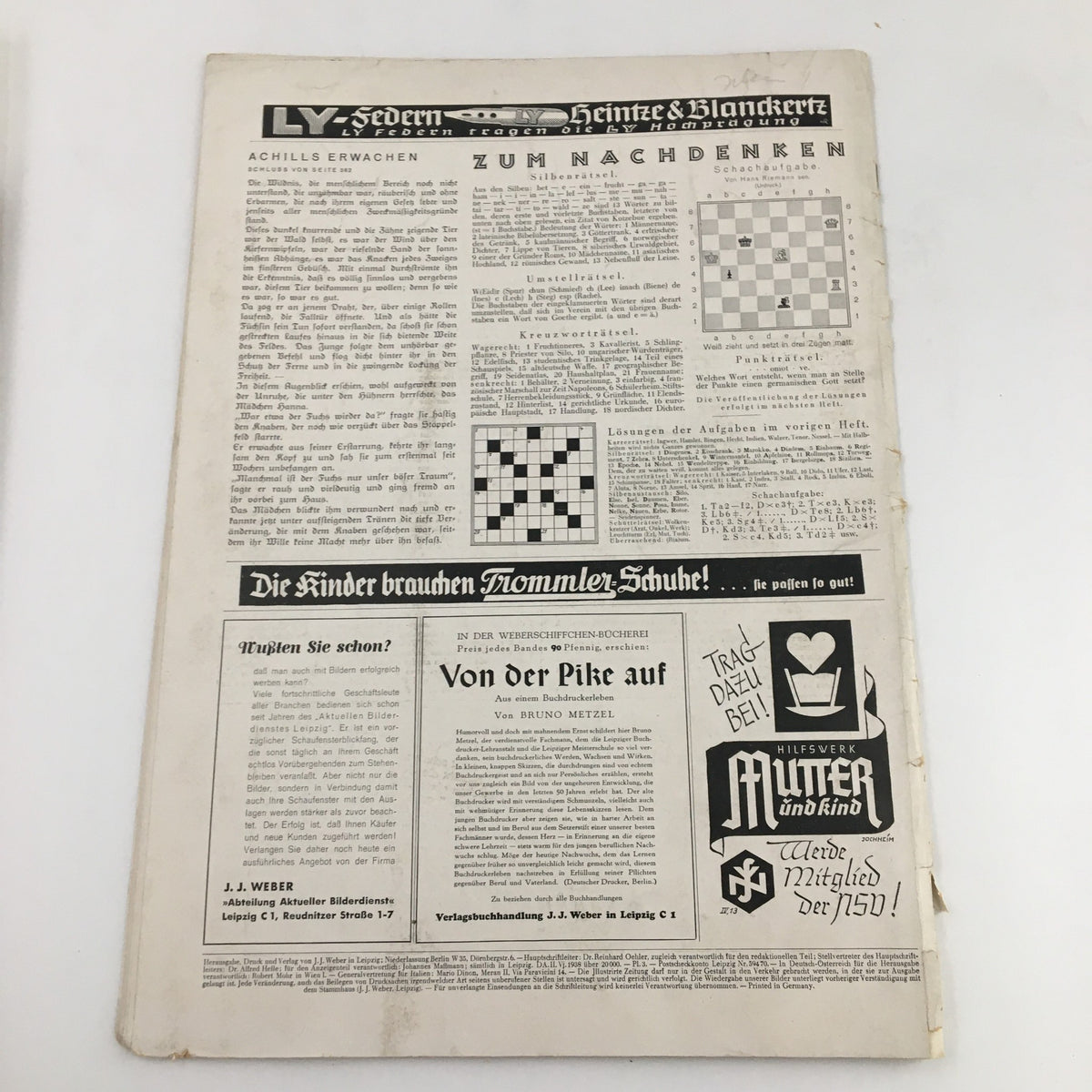 Back page of the Illustrirte Zeitung Leipzig Magazine September 22, 1938 displaying various articles, advertisements, and puzzles, reflecting the magazine's vintage design and historical context.