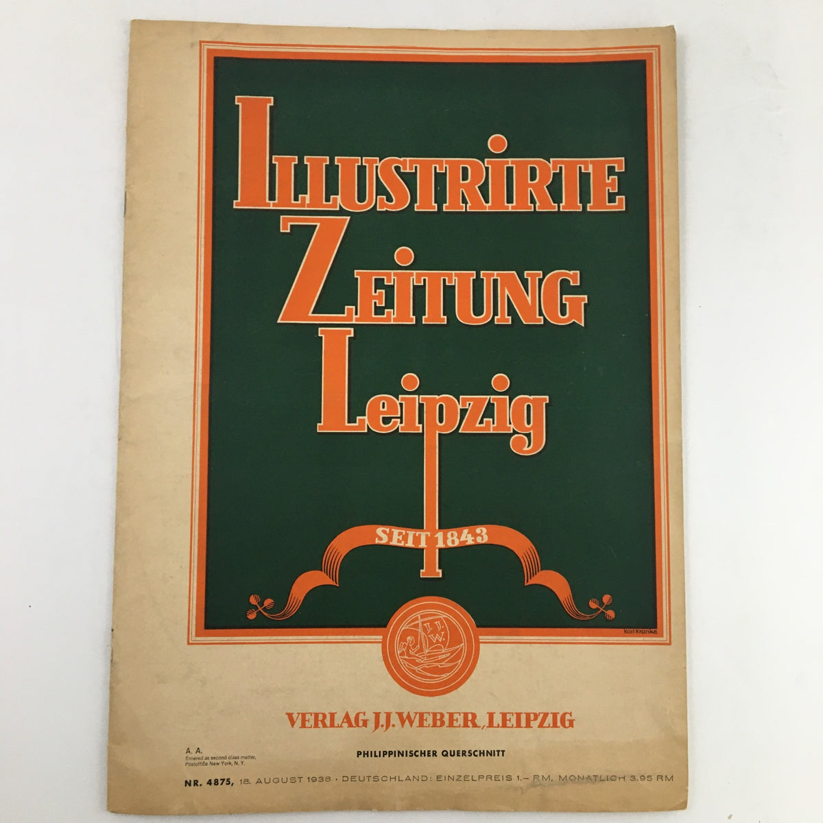 Front page of Illustrirte Zeitung Leipzig Magazine, August 18, 1938, featuring vintage typography and design elements.