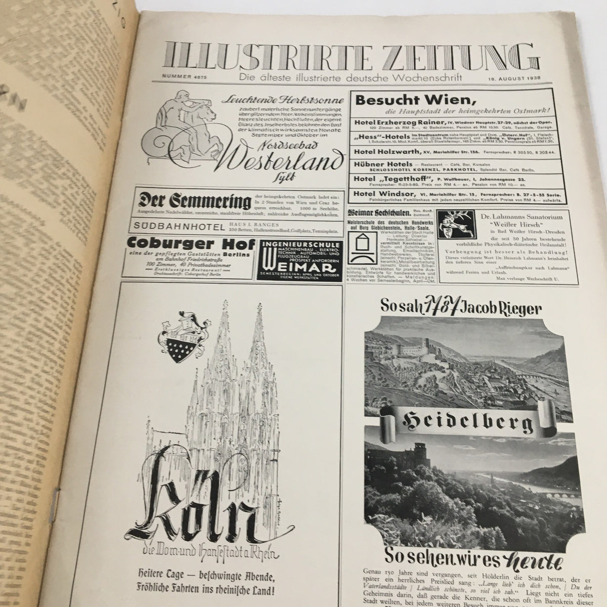 Inside page of Illustrirte Zeitung Leipzig Magazine, highlighting advertisements and cultural content from August 18, 1938.