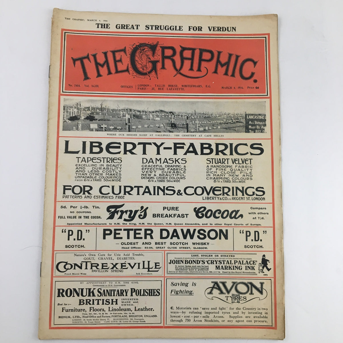 Front page of VTG The Graphic Newspaper March 4 1916 showcasing advertisements and the headline 'Liberty-Fabrics' with a focus on textile promotion.