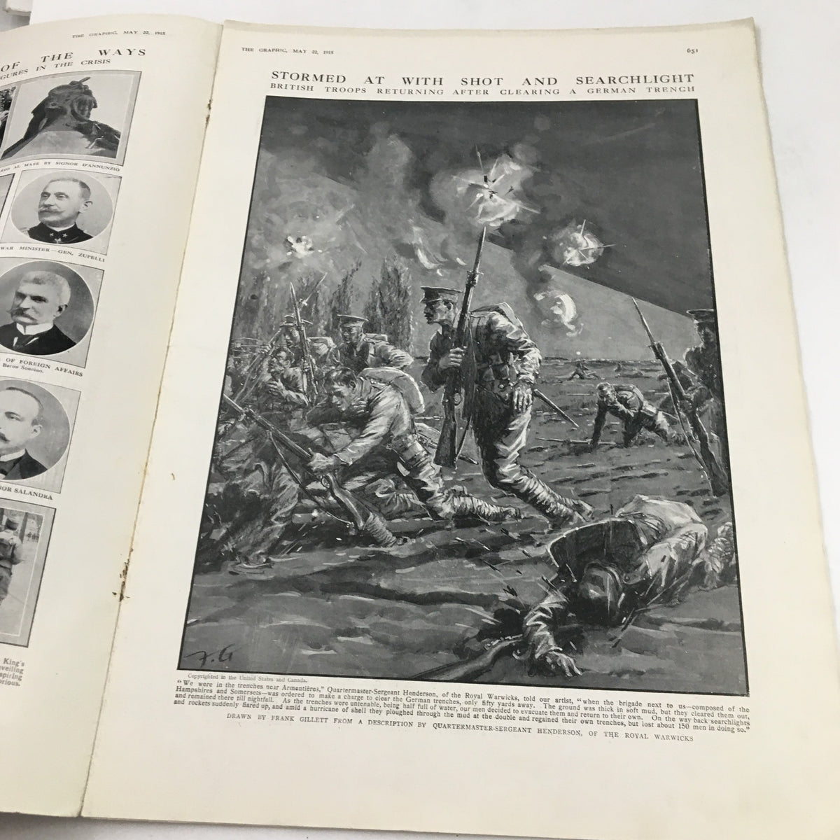 Inside spread of VTG The Graphic Newspaper from May 22, 1915, depicting British soldiers amidst conflict, showcasing historical military life.