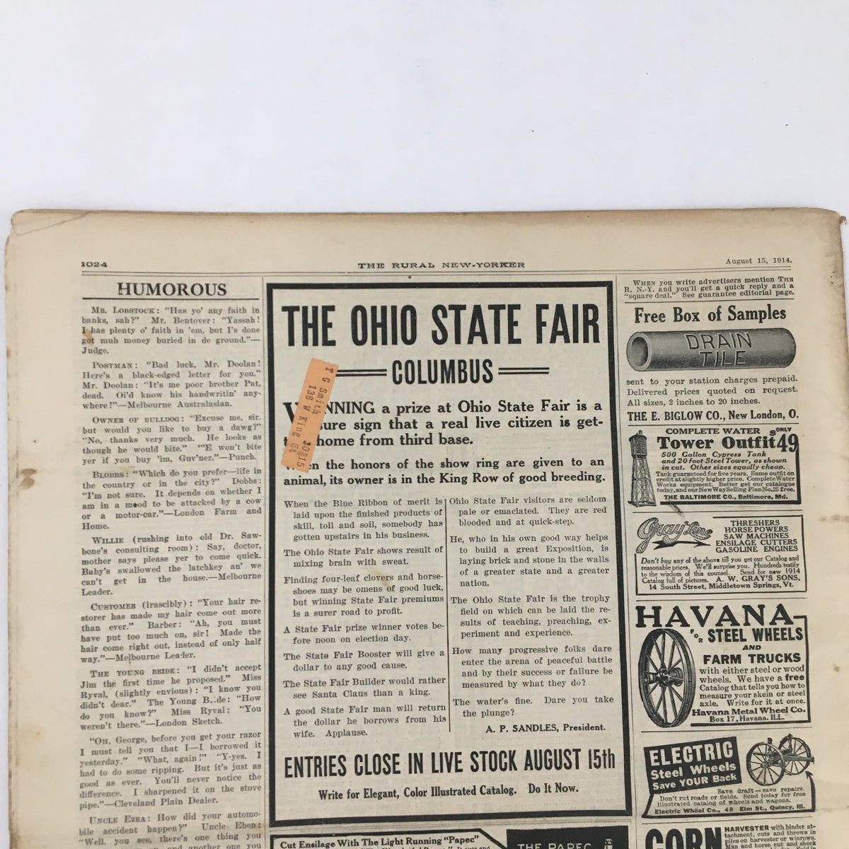 The Rural New Yorker Magazine August 15 1914 featuring article about the Ohio State Fair and egg-laying contest, showcasing vintage agricultural history and humor.