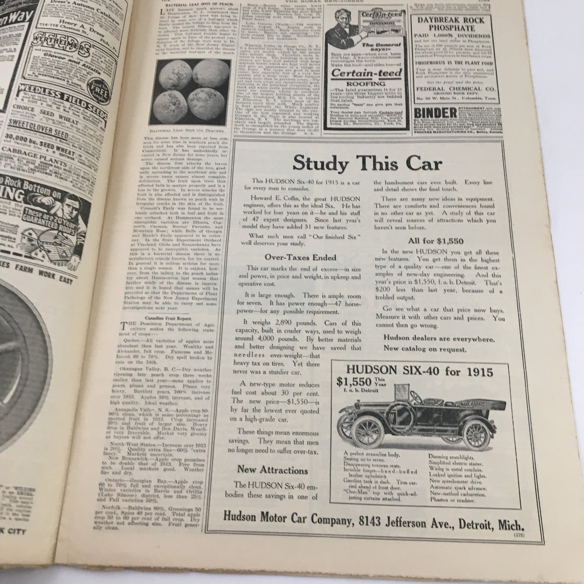 Interior page of The Rural New Yorker Magazine September 4 1914 showcasing a study advertisement for Hudson cars alongside articles.