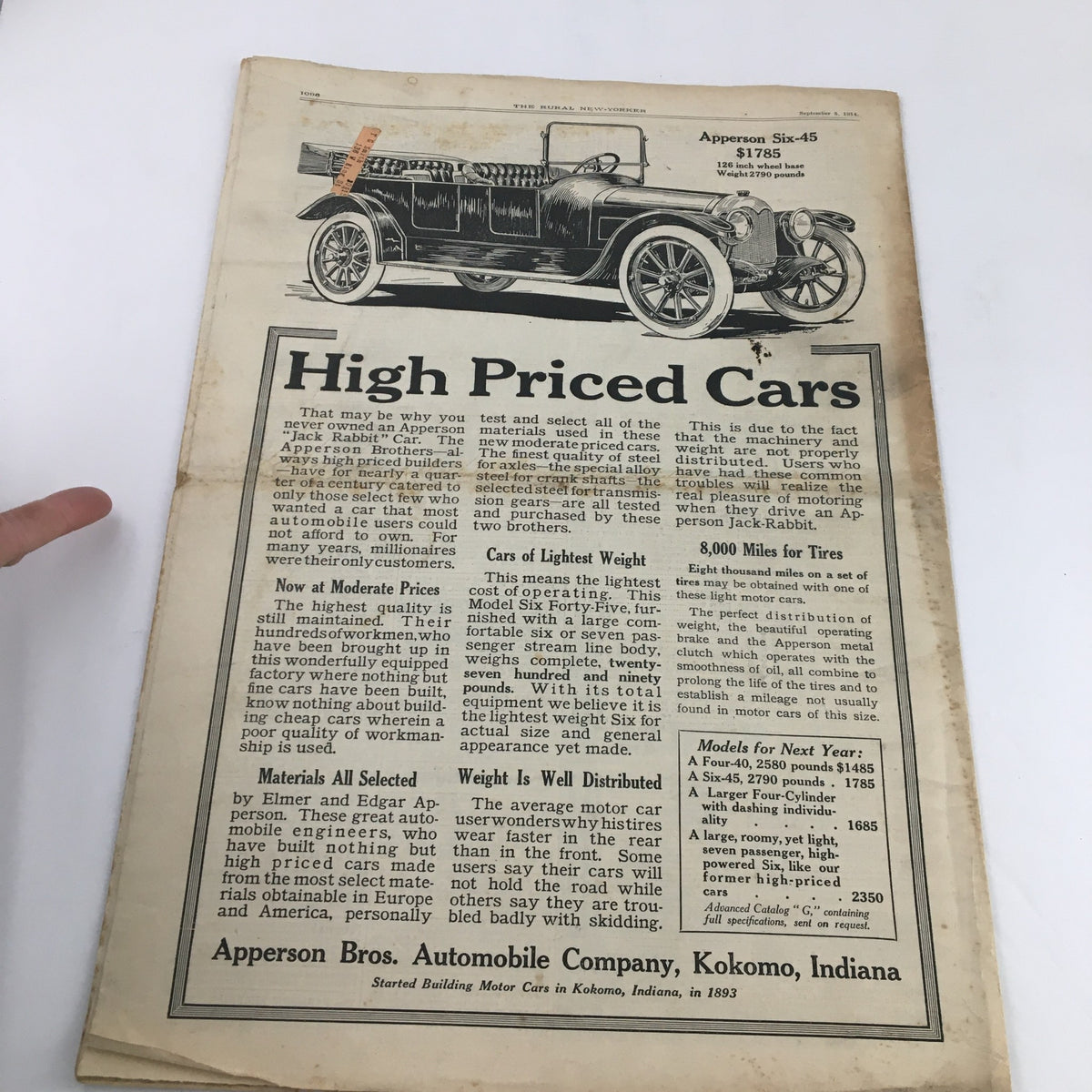 Third interior page of The Rural New Yorker Magazine September 4 1914 featuring an advertisement for Apperson automobiles highlighting car features.