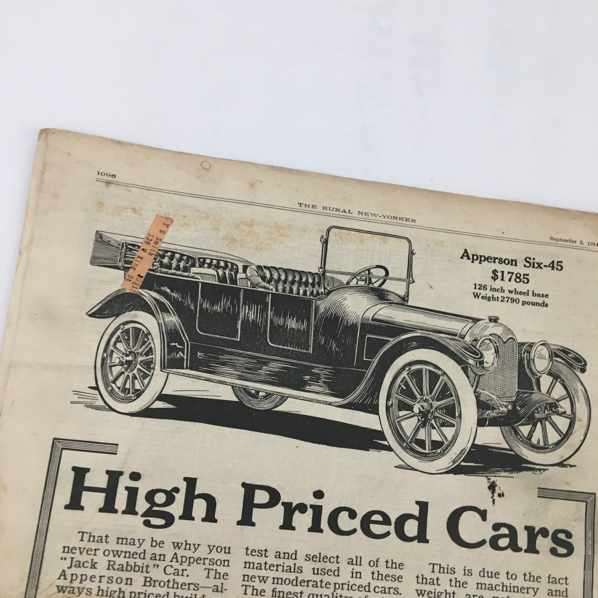 The Rural New Yorker Magazine September 4 1914 page featuring an advertisement for high-priced cars, showcasing early 20th-century automobile design.