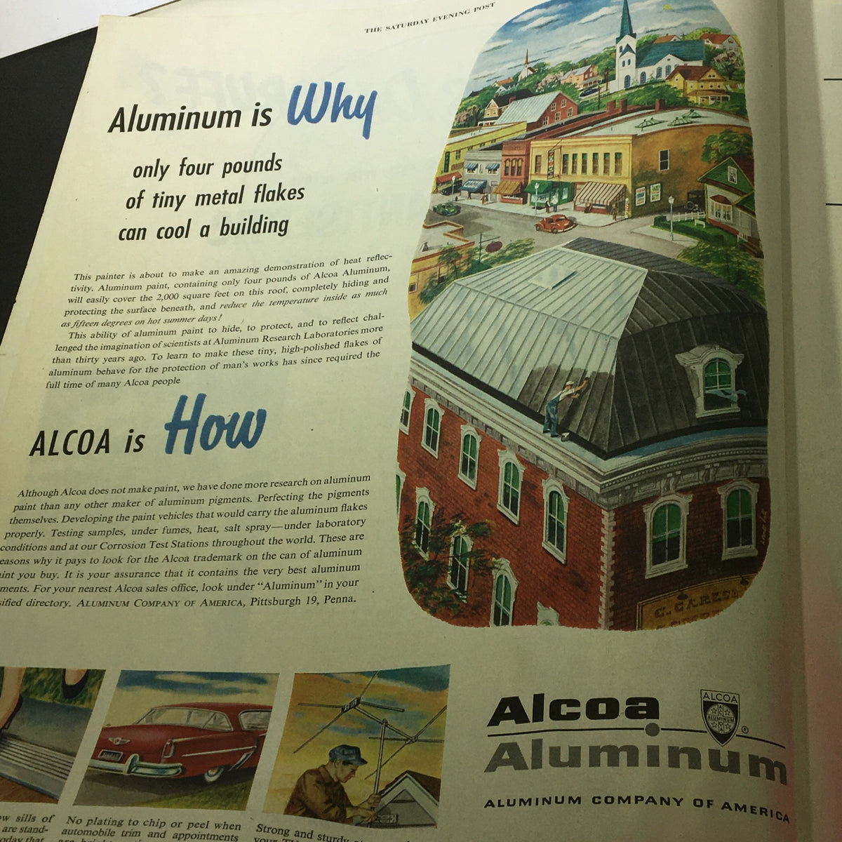 Advertisement from VTG The Saturday Evening Post July 4 1953 featuring Alcoa Aluminum highlighting its benefits and heat reflection properties.