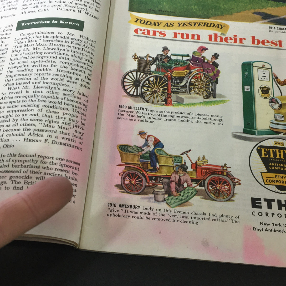Continuation of the Ethyl gasoline advertisement from VTG The Saturday Evening Post July 4 1953 with details on early automobiles.