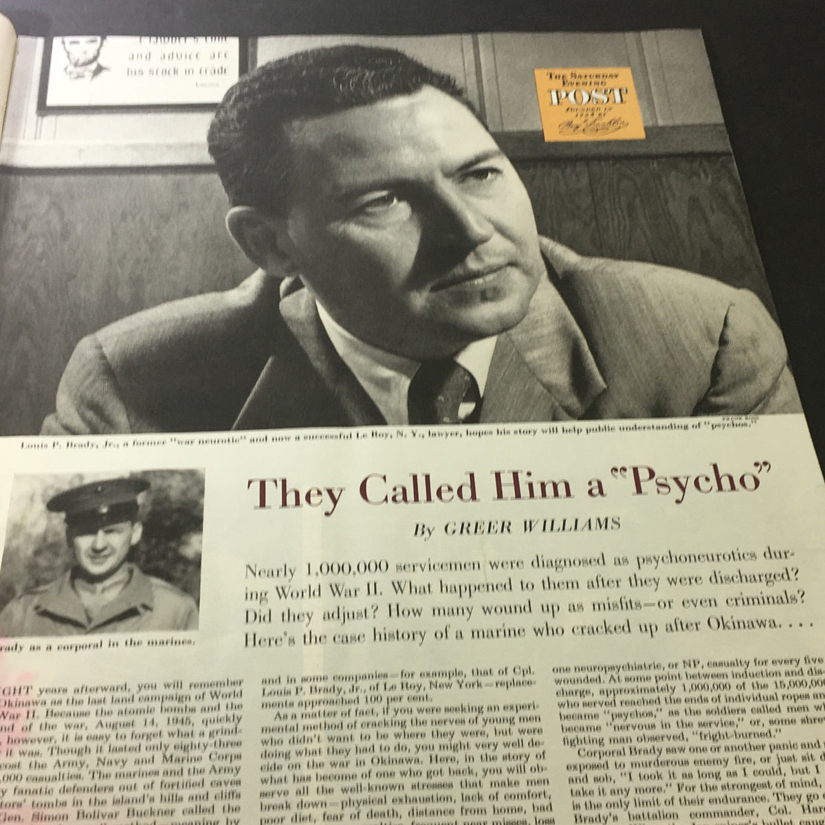 Article titled 'They Called Him a Psycho' from VTG The Saturday Evening Post July 4 1953, featuring a photograph of Louis P. Brady, Jr. with a narrative about servicemen diagnosed as psychoneurotics during World War II.