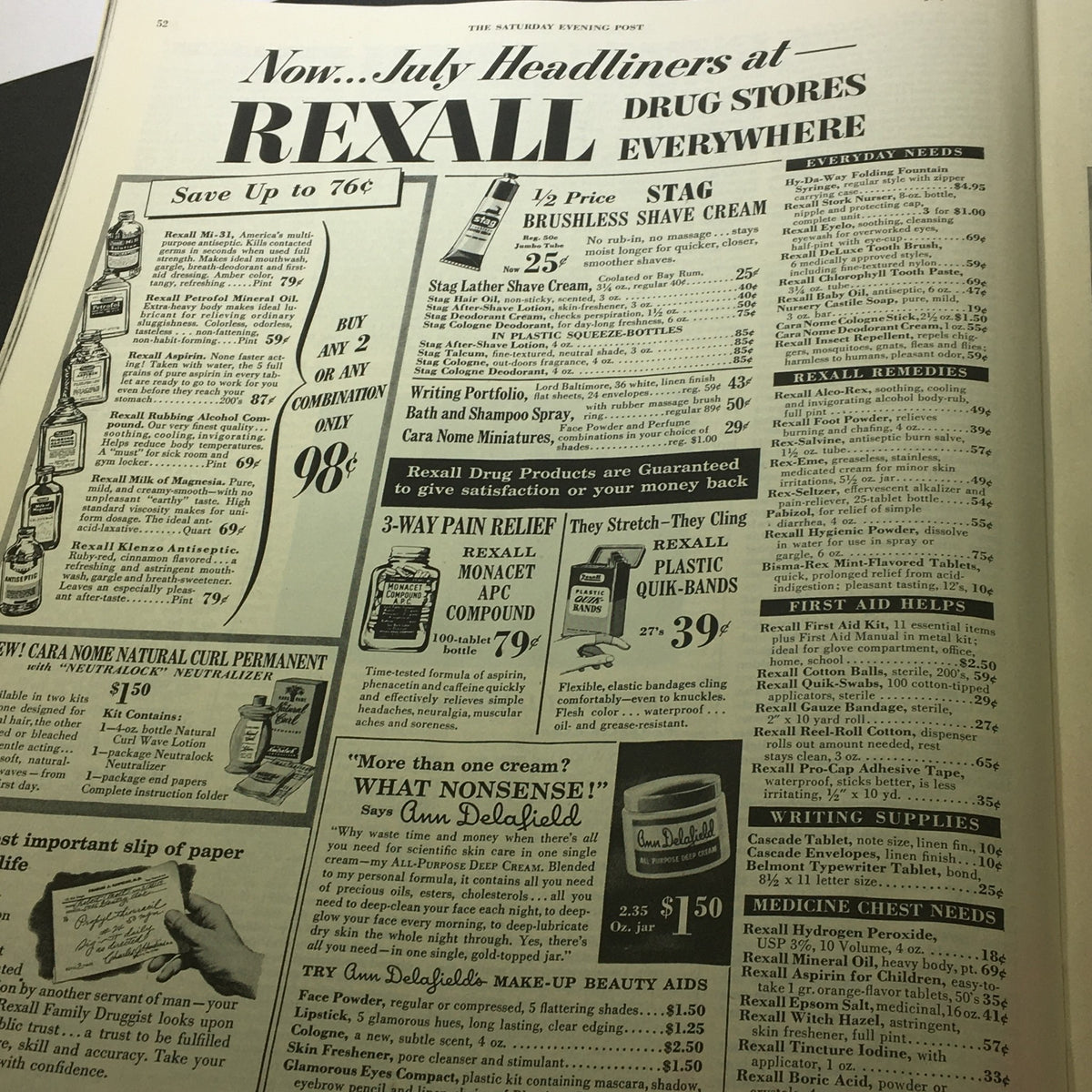 Vintage advertisement for Rexall Drug Stores from VTG The Saturday Evening Post July 4 1953, showcasing a variety of summer health products and remedies available for purchase.