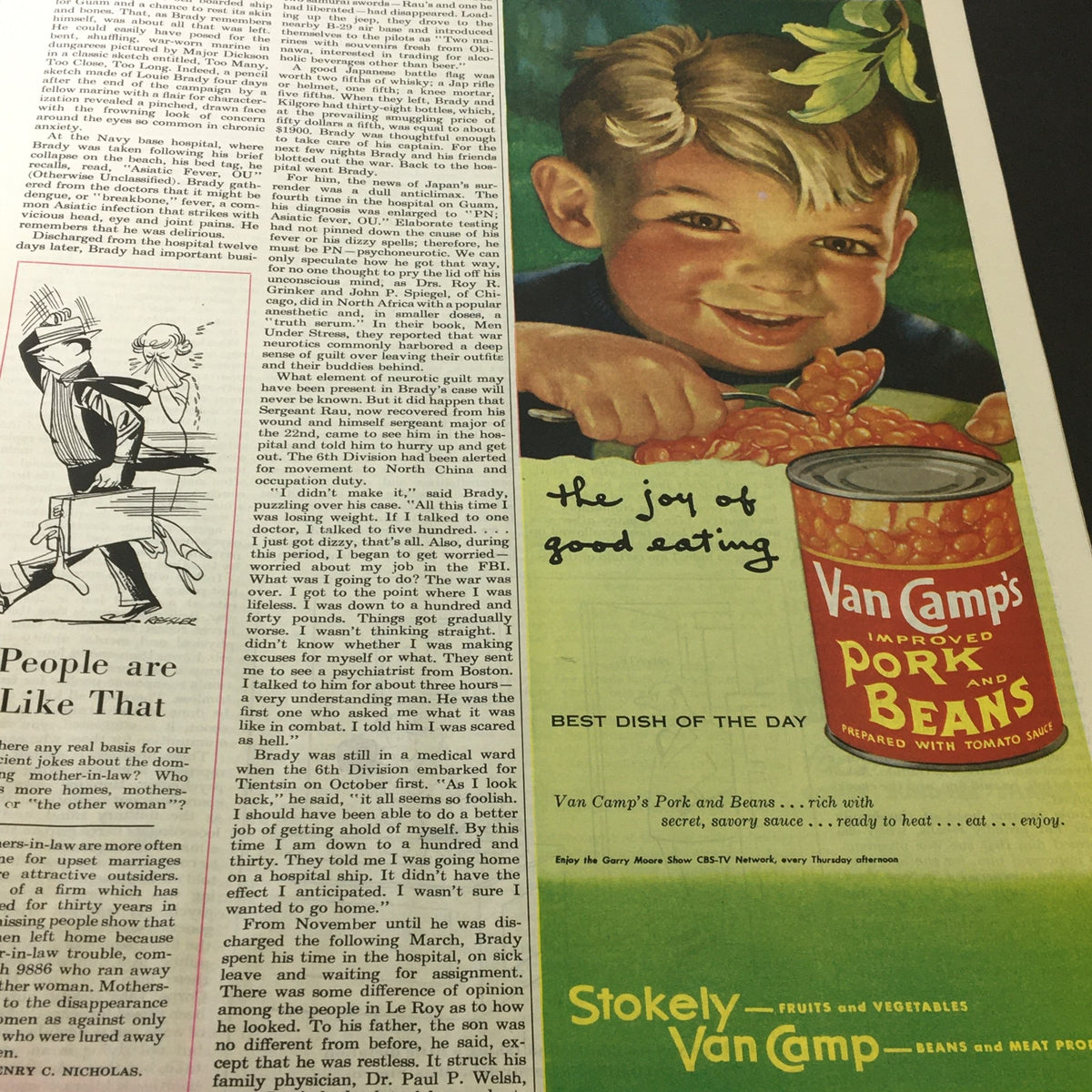 Colorful advertisement for Van Camp's Pork and Beans from VTG The Saturday Evening Post July 4 1953, featuring a smiling boy enjoying a meal, emphasizing the joy of good eating.