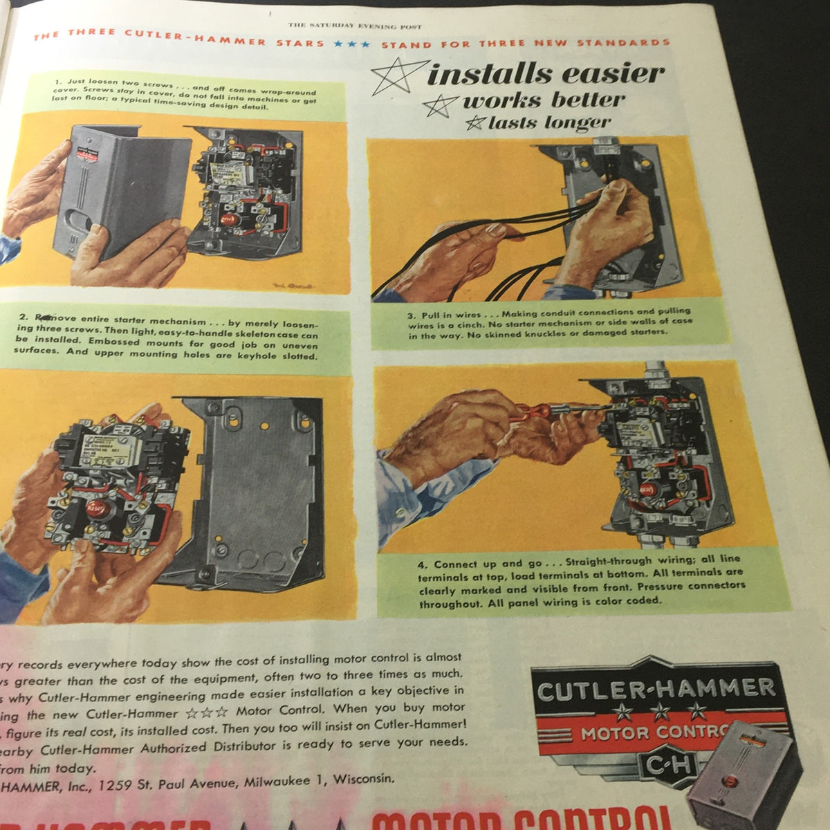 Instructional advertisement for Cutler-Hammer Electric Motor Control from VTG The Saturday Evening Post July 4 1953, illustrating the installation process with step-by-step visuals and descriptions.
