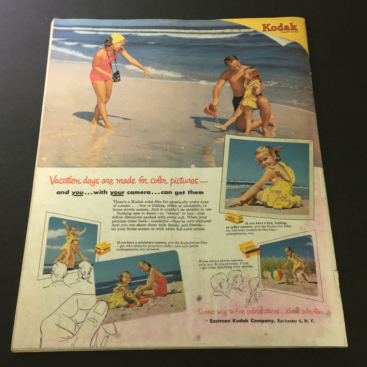 Back cover of the vintage magazine VTG The Saturday Evening Post July 4 1953, featuring a Kodak advertisement highlighting family activities at the beach, emphasizing color photography and cameras.