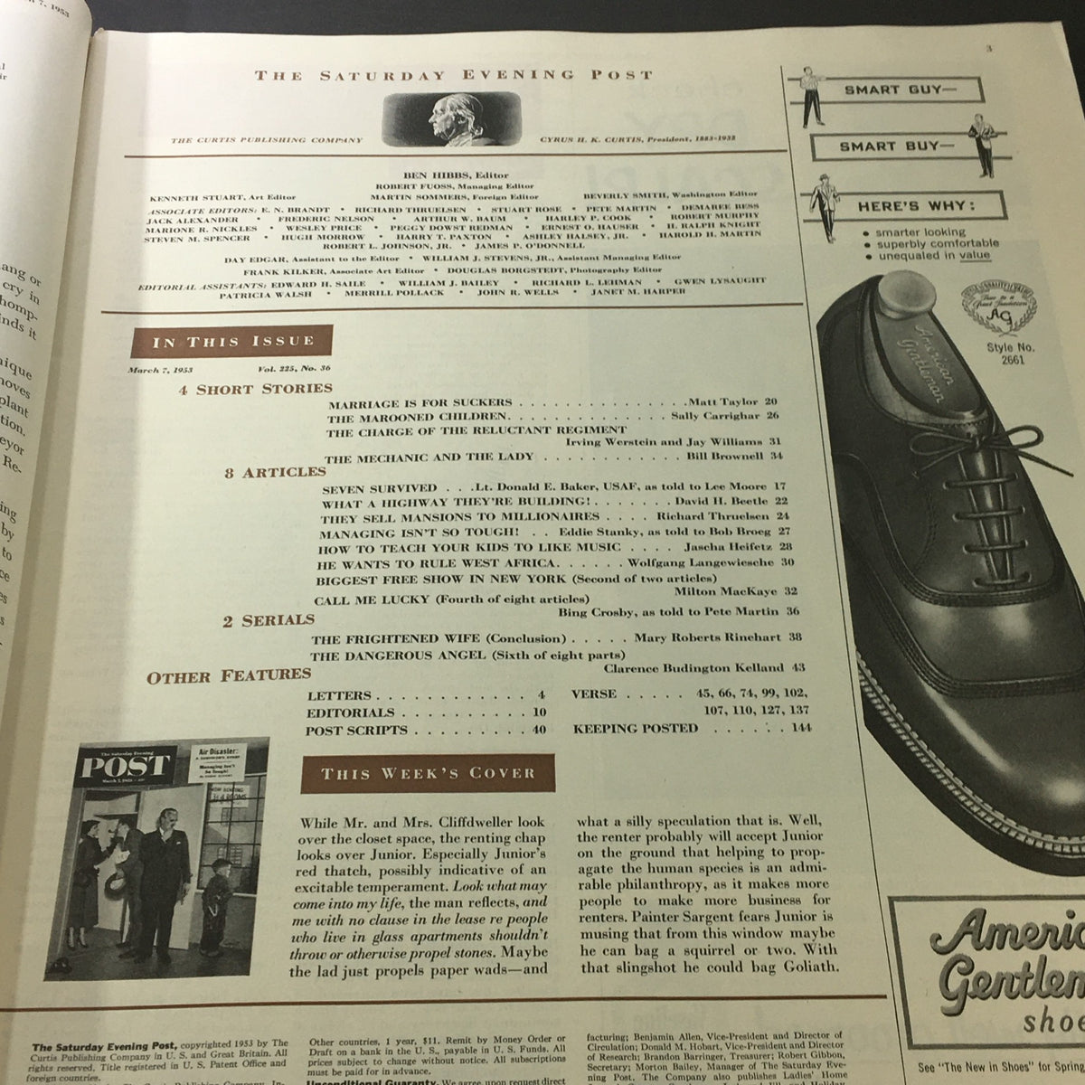 Interior page of The Saturday Evening Post March 7, 1953, showcasing contents and articles featured in this vintage magazine issue.