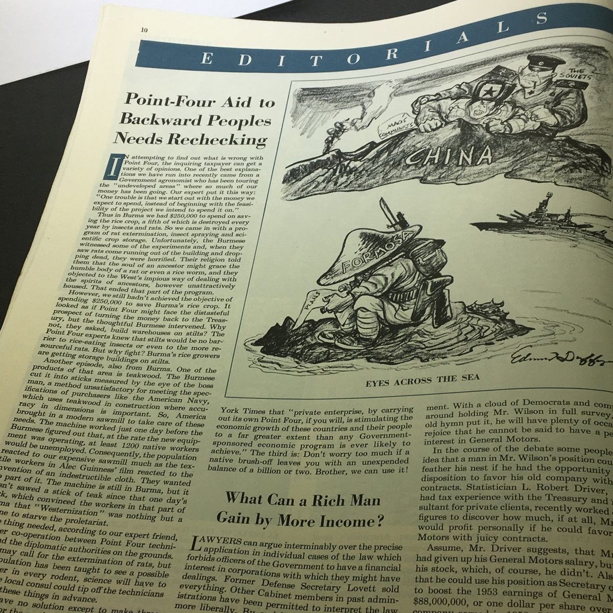 Editorial page from The Saturday Evening Post, March 7, 1953, featuring a discussion on Point-Four Aid with illustrations representing economic aid to nations, showcasing vintage magazine content.