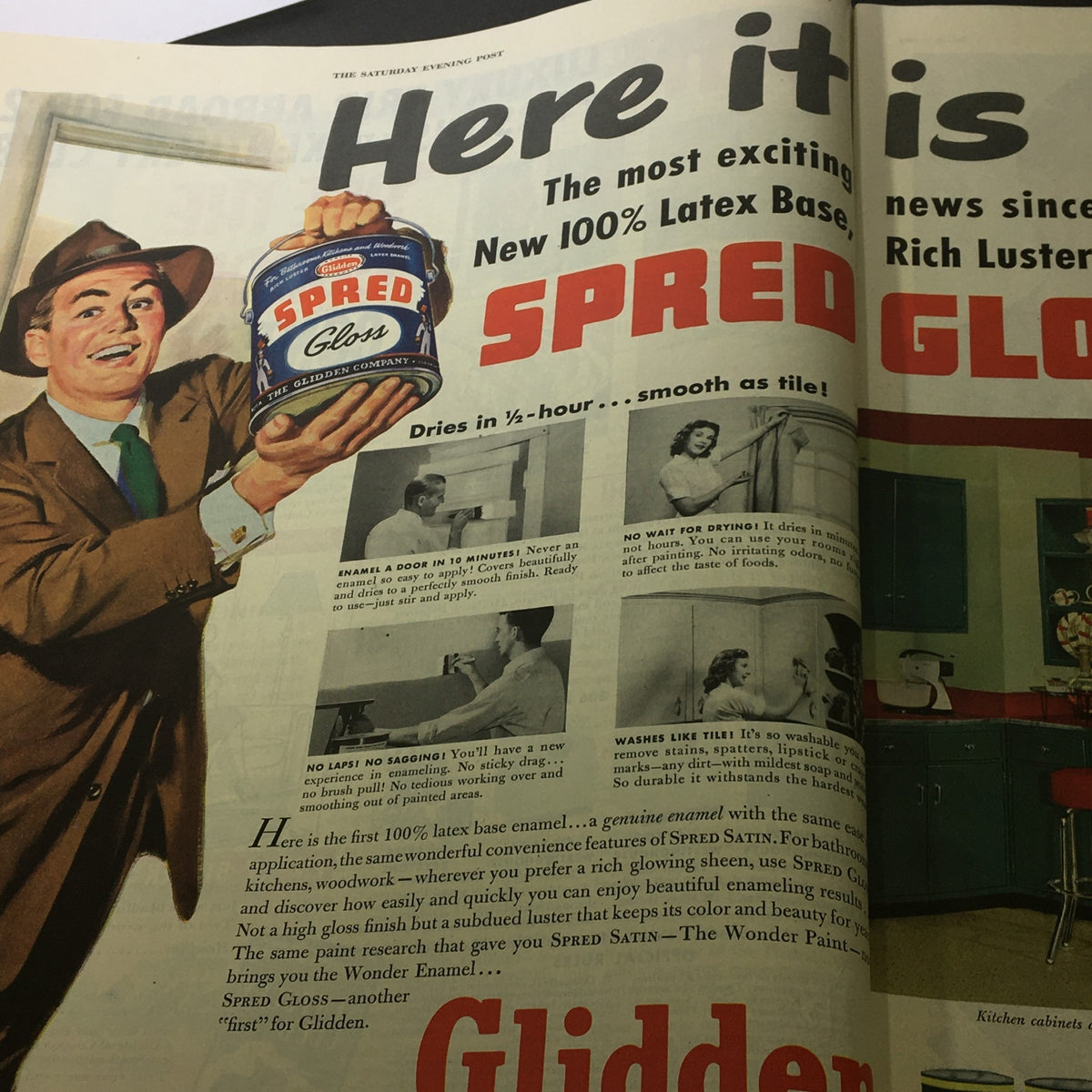 Advertisement for Spred Gloss paint from The Saturday Evening Post, March 7, 1953, featuring a smiling man presenting the product with home improvement tips, capturing mid-20th century marketing style.