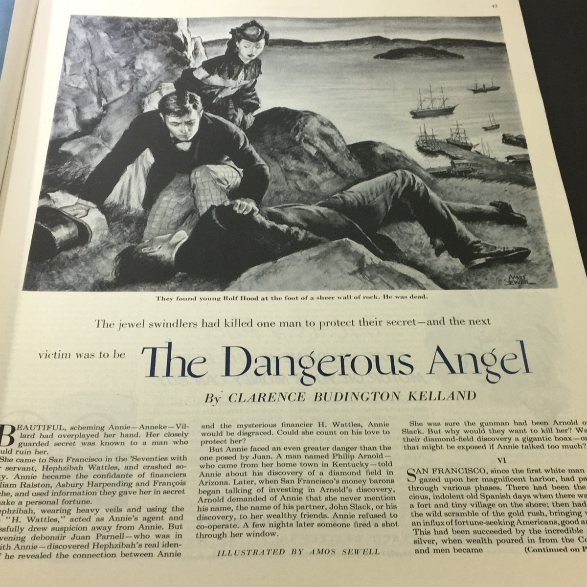 Vintage The Saturday Evening Post March 7, 1953 illustration for the story 'The Dangerous Angel' depicting dramatic scenes of intrigue.