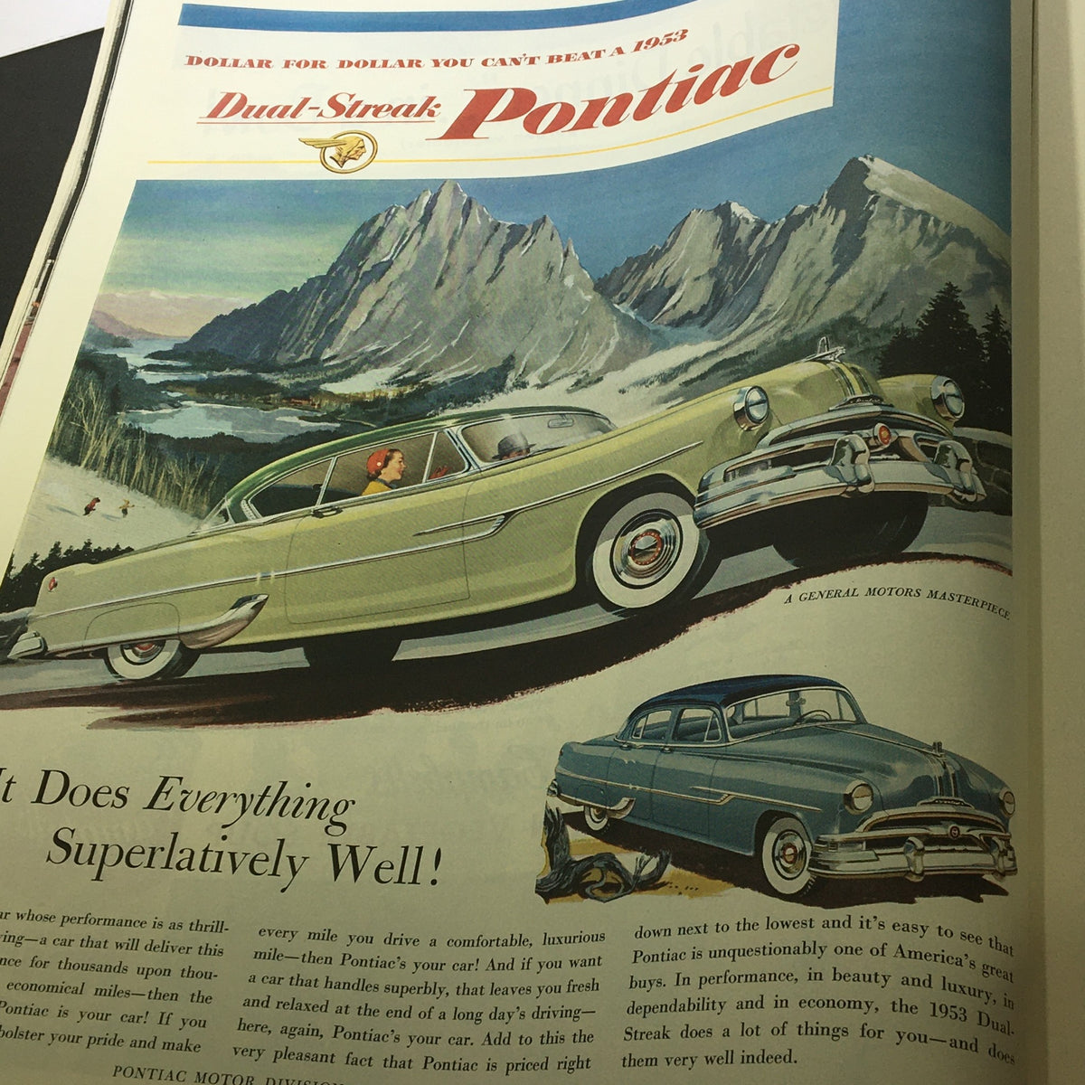 Vintage The Saturday Evening Post March 7, 1953 advertisement for the 1953 Pontiac showcasing a stylish car against a scenic backdrop.