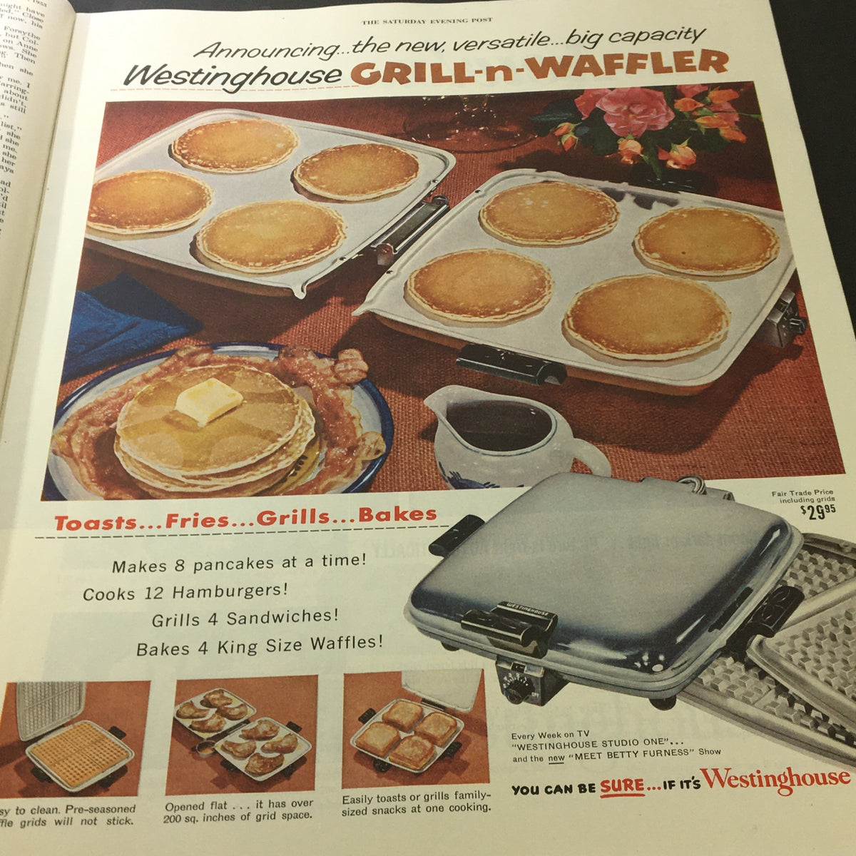 Vintage The Saturday Evening Post March 7, 1953 advertisement for Westinghouse Grill-n-Waffler, showcasing its multifunctional cooking features.
