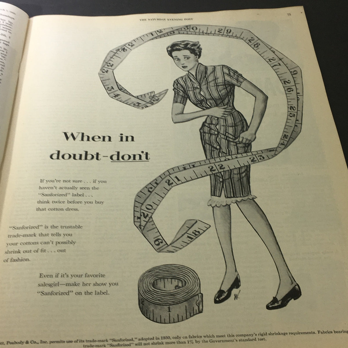 Vintage The Saturday Evening Post March 7, 1953 featuring a woman amidst measuring tape with the text 'When in doubt-don't,' promoting the Sanforized fabric label.
