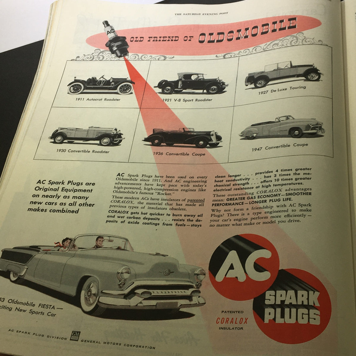 Vintage The Saturday Evening Post March 7, 1953 advertising AC Spark Plugs with images of classic Oldsmobile cars and promotional text highlighting their quality and engineering.