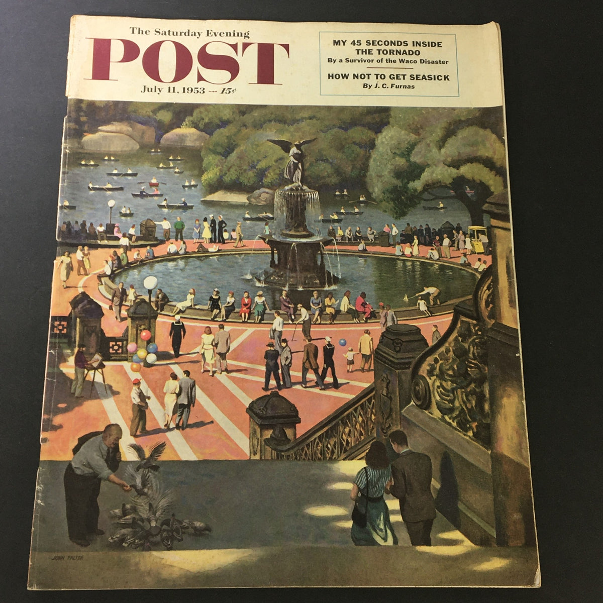 Vintage cover of The Saturday Evening Post, July 11, 1953, featuring a park scene with a fountain and people enjoying a sunny day.