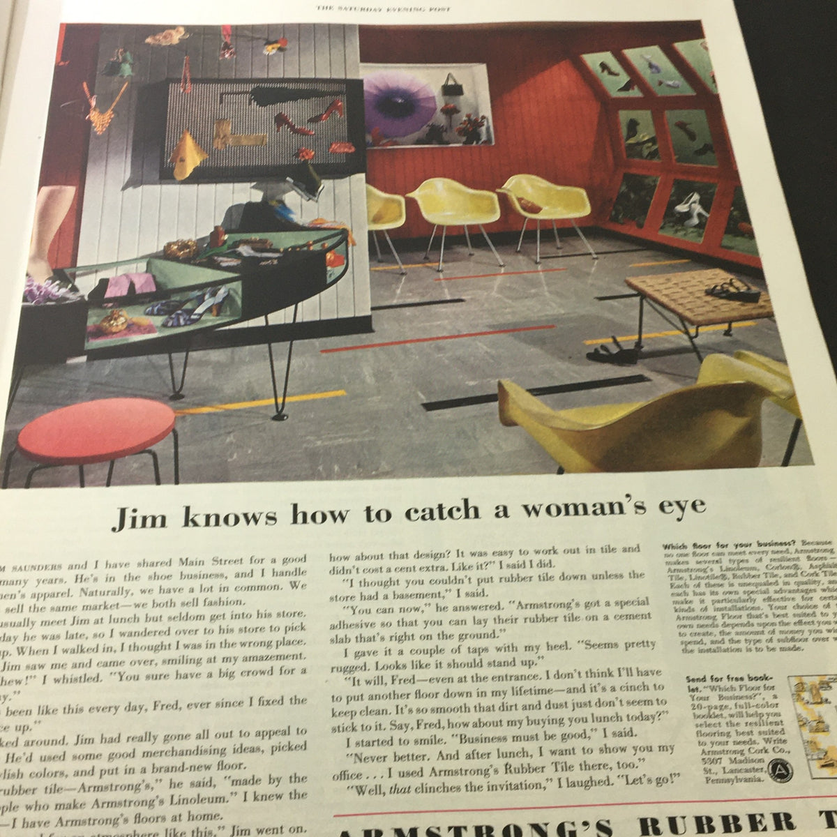 Interior page of The Saturday Evening Post, July 11, 1953, showcasing a charming retail interior design advertisement with vibrant colors.
