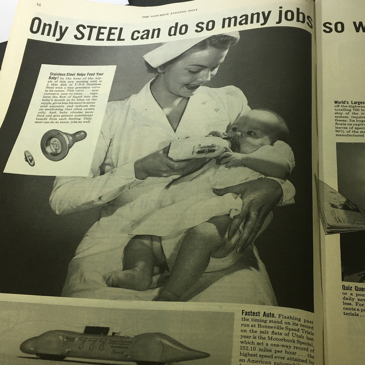 Black and white advertisement from The Saturday Evening Post, July 11, 1953, featuring a nurse feeding a baby with a stainless steel bottle, promoting the versatility of steel.