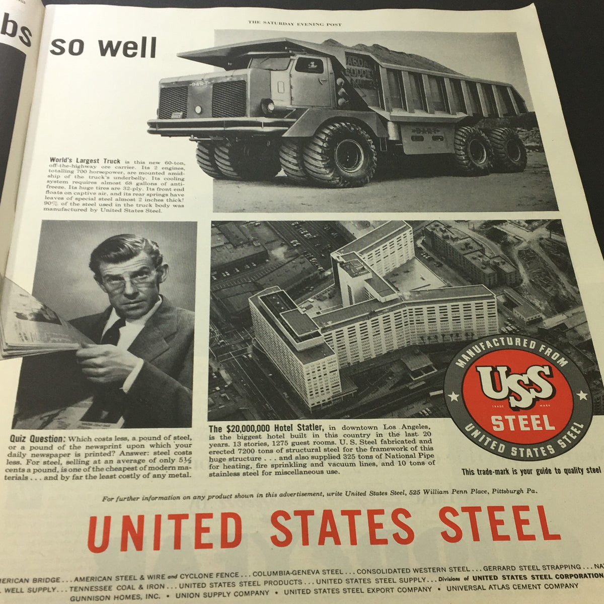 Vintage advertisement from The Saturday Evening Post July 11 1953 featuring the world's largest truck and information about United States Steel.