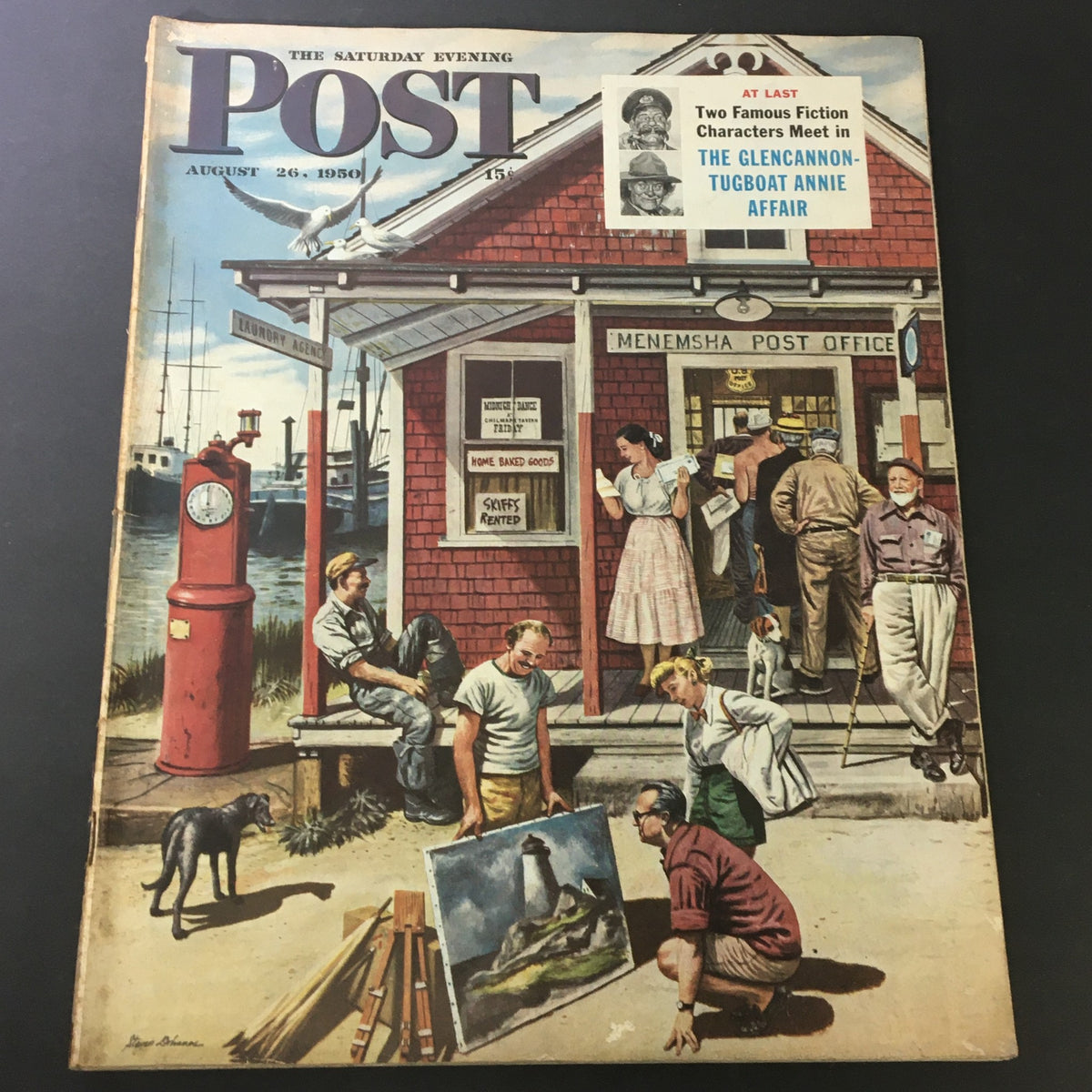 Cover of VTG The Saturday Evening Post August 26 1950 featuring the Glencannon-Tugboat Affair, depicting various characters around a post office and a dog.