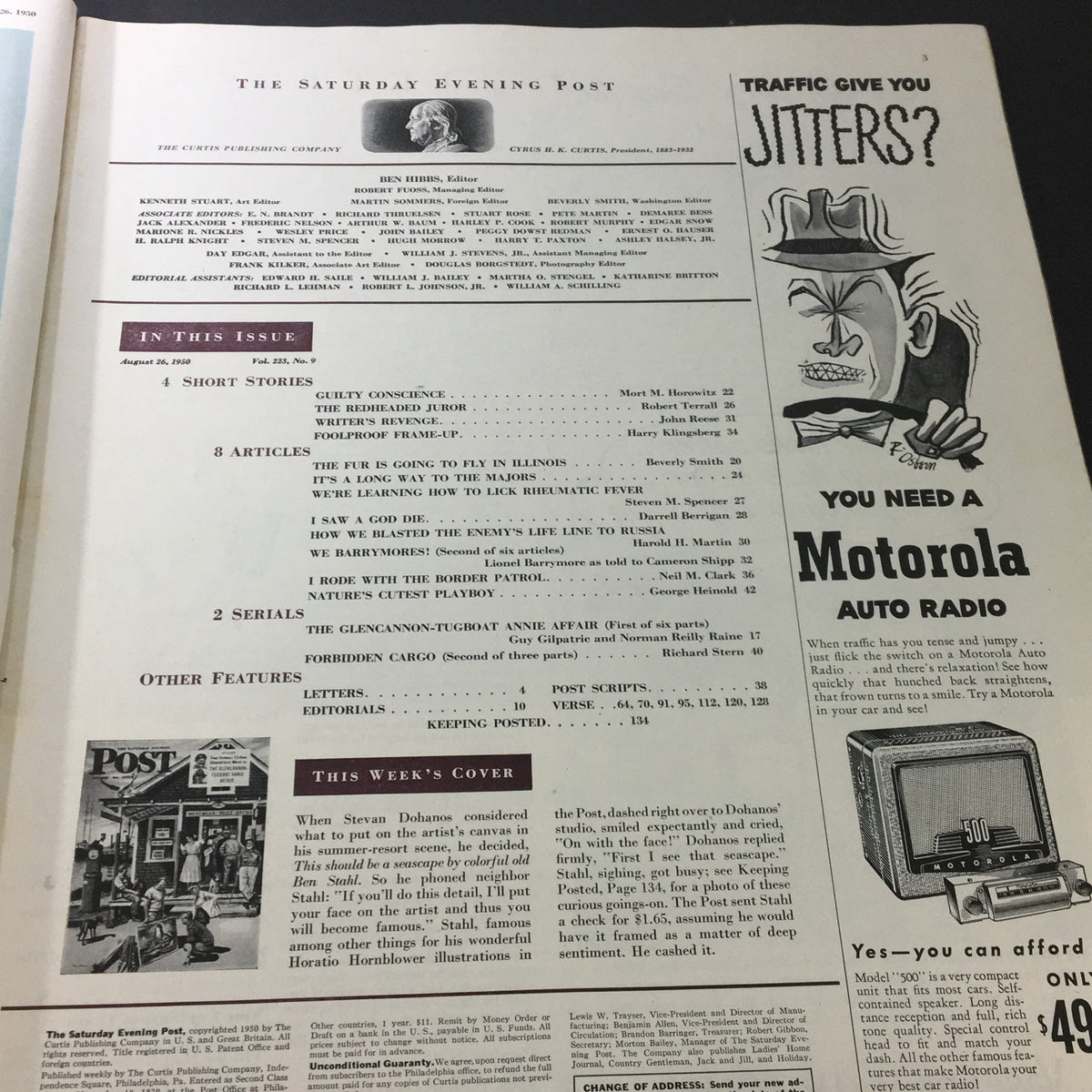 Inside page of VTG The Saturday Evening Post August 26 1950 displaying table of contents and articles, including the Glencannon-Tugboat Affair.