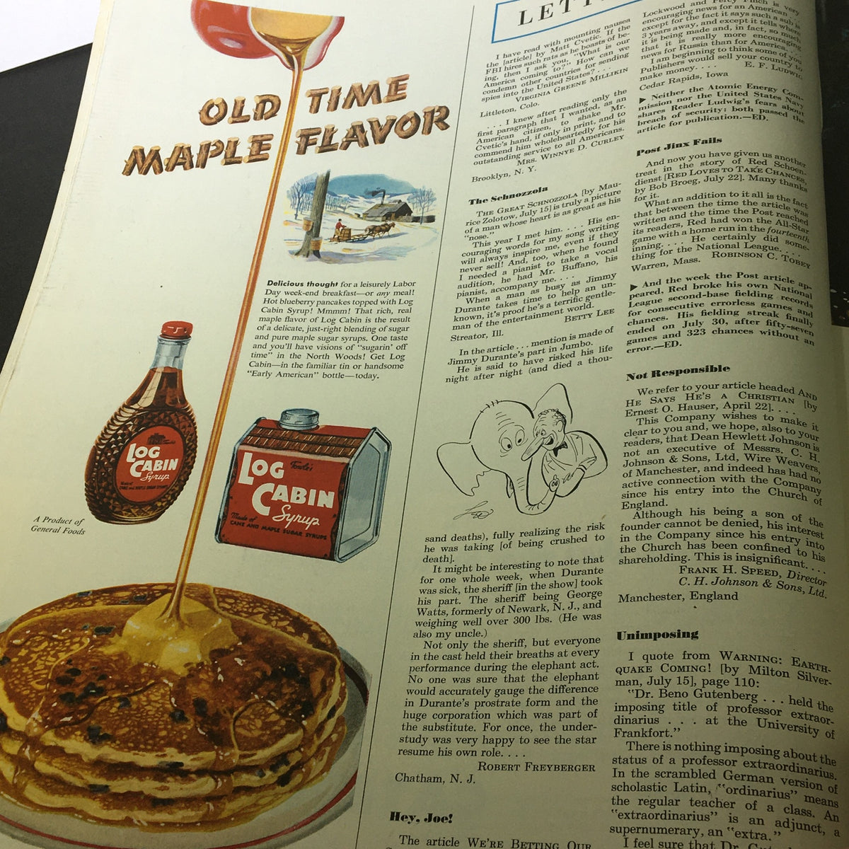 Advertisement in VTG The Saturday Evening Post August 26 1950 promoting Log Cabin syrup with an illustration of pancakes and syrup.