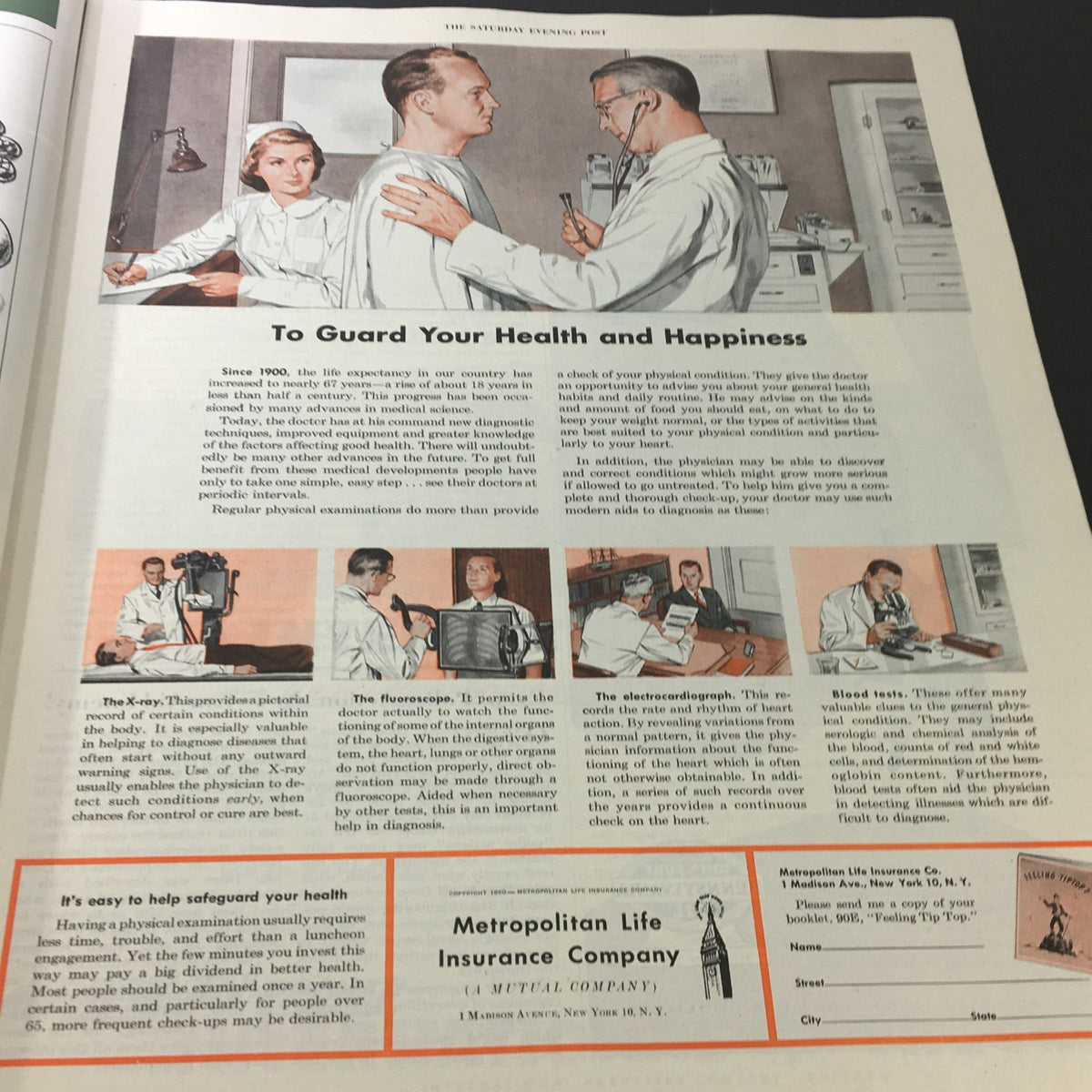 To Guard Your Health and Happiness article illustration in VTG The Saturday Evening Post August 26 1950 Glencannon-Tugboat Affair Newsstand featuring medical professionals discussing health examinations.