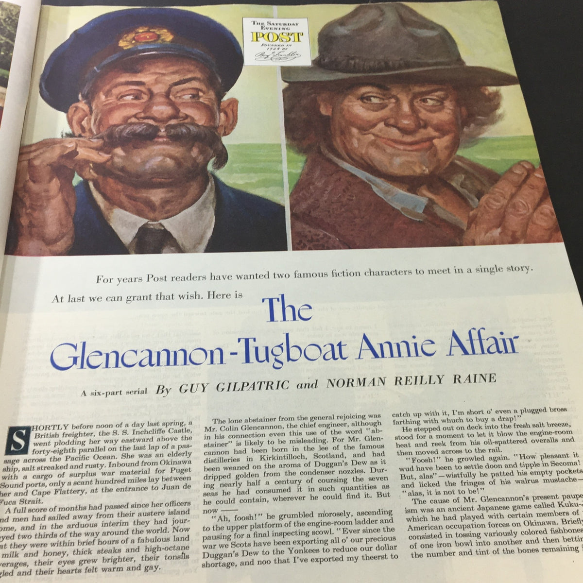 The Glencannon-Tugboat Annie Affair title page in VTG The Saturday Evening Post August 26 1950 showing two character illustrations, one of a ship captain and the other a rugged man.